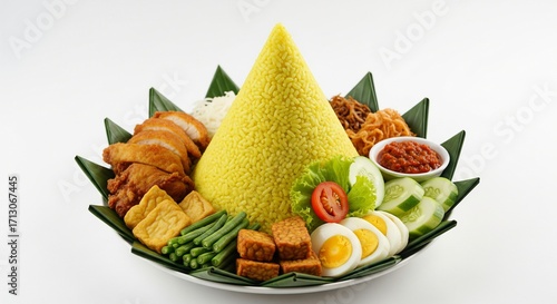 Yellow rice cone with fried chicken eggs tofu and vegetables
