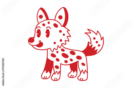 Smiling cartoon African wild dog stands with red spots and a bushy tail
