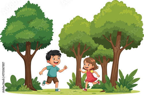 Boy and girl running in forest, children playing outdoors, cartoon illustration for nature, active kids, outdoor fun, childhood adventure