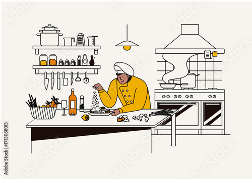 Chef preparing food in a kitchen with various ingredients and cooking utensils.