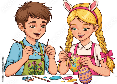 Boy and girl painting Easter eggs together, children crafting colorful eggs, cartoon illustration for Easter holiday, fun family activity