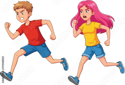Boy and girl running fast, cartoon characters sprinting together, active kids exercising, fitness, healthy lifestyle, outdoor sport illustration