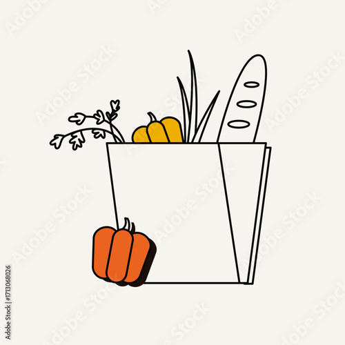 Illustration of a grocery bag filled with produce and a baguette.