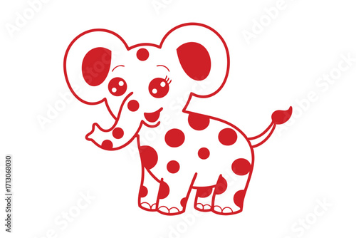 Smiling baby elephant with red spots is outlined on a white backdrop