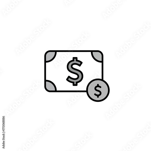 Money cash icon with dollar bill and coin, a minimalist financial currency and payment vektor symbol for web and mobile design