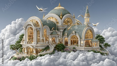 Surreal magical palace library with glowing windows high resolution background image
