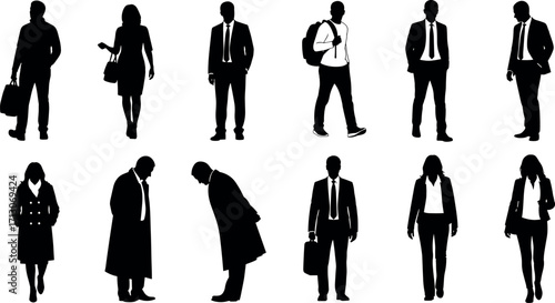 Business people silhouettes in professional attire walking, standing, holding briefcases, isolated black vector icons for corporate and office themes