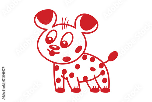 Spotted cartoon puppy outlined in red with simple details playfully sticks out its tongue