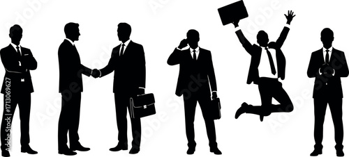 Business people silhouettes in various poses including handshake, phone call, celebration, and formal stance for corporate and professional concepts