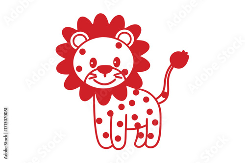 Spotted red lion with a whimsical mane stands smiling on a clean white background