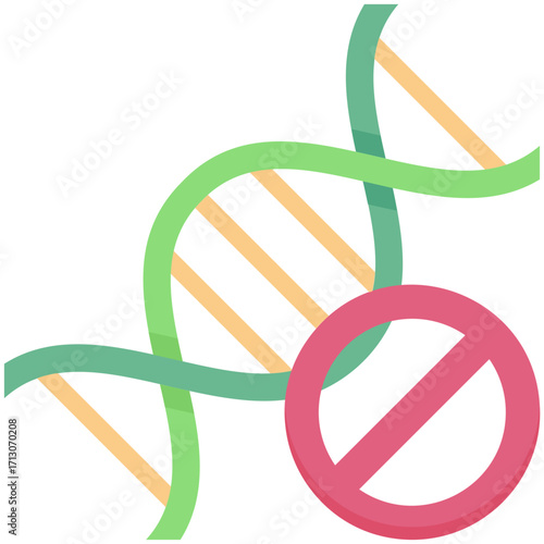 DNA strand with a red prohibition sign, indicating genetic modification ban.