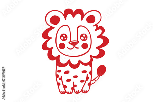 Standing red lion cub with spots and curly mane looks forward on white