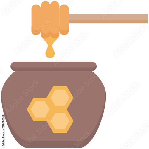 Illustration of a honey pot with a dipper and dripping honey.