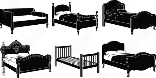 Bed silhouette illustration, furniture design comparison, headboard styles, modern and classic beds, interior decor sketch, black vector, bedroom layout concept