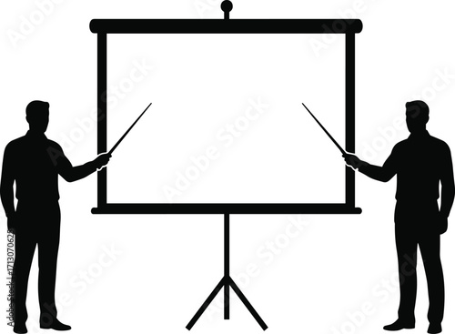 Business presentation silhouette, corporate training, seminar setup, projector screen, teamwork, professional meeting, speaker figures, classroom lecture, formal education concept