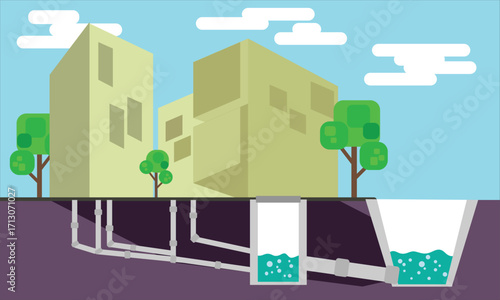 Flat vector illustration of modern buildings with underground utility piping system and water tanks. Perfect for civil engineering, construction, plumbing, and infrastructure projects.