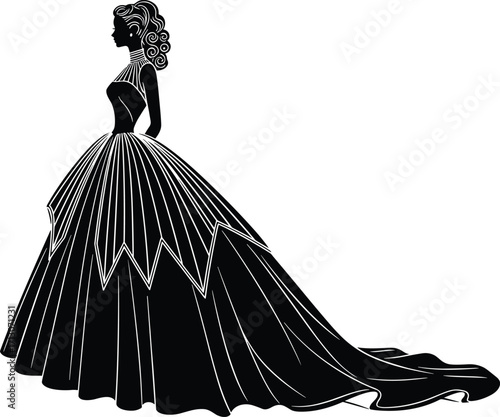 Elegant ball gown silhouette, layered skirt design, formal fashion illustration, poised woman figure, flowing train, black and white art, couture concept