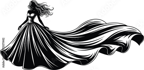 Elegant gown illustration, flowing dress art, fashion silhouette, dramatic skirt, graceful movement, stylish woman, black and white drawing, couture concept