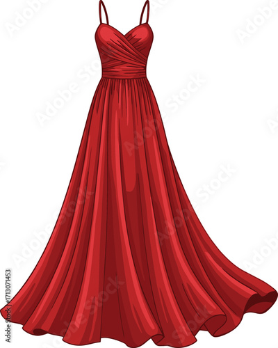 Elegant red evening gown, formal fashion dress, sweetheart neckline, ruched bodice, pleated skirt, gala outfit, prom wear, wedding attire