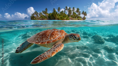 Sea turtle swimming in shallow turquoise water near a tropical island. The image captures the turtle underwater with a clear view of coral reefs and palm trees above the surface