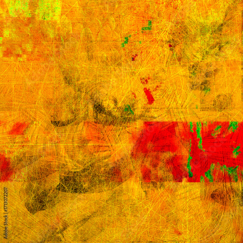Foto Abstract background in warm yellow and red shades with visible scratches and layered brush-like marks