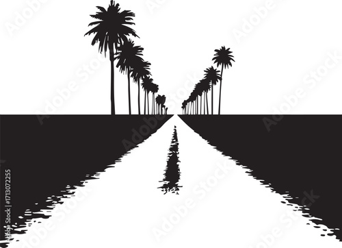 Black and White Palm Tree Lined Road to Horizon