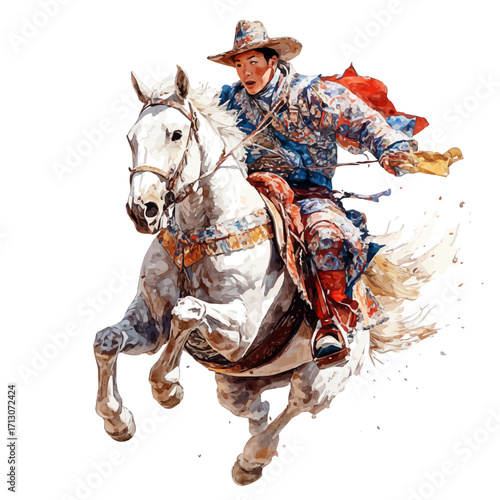 watercolor vector of Mongolian Nomadic Games, isolated on a white background.