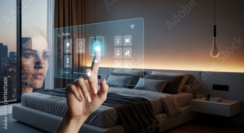 Futuristic Smart Home - Hand Taps a Transparent Digital Interface to Control a Modern Luxury Bedroom.