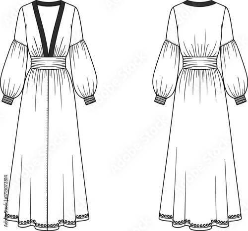 Technical fashion illustration, long dress design, V-neckline, puff sleeves, pleated waistband, garment sketch, sewing pattern, front and back view