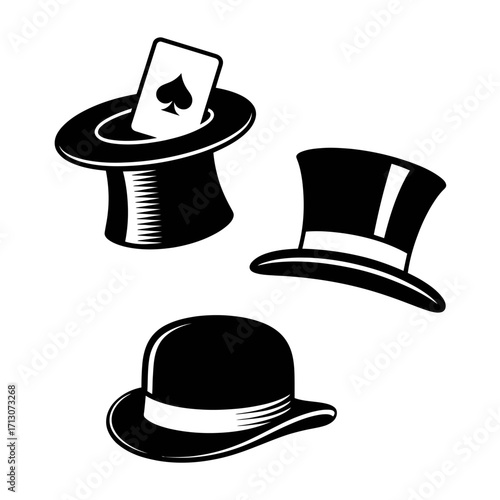 Black and White Illustration of Top Hats Bowler Hat and Magic Hat with Spade Card Magic and Illusion Concepts