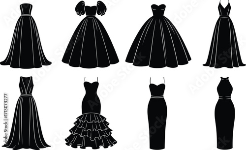 Women’s dress silhouettes, fashion design icons, black gown shapes, style comparison, garment variety, elegant outlines, clothing template, vector illustration