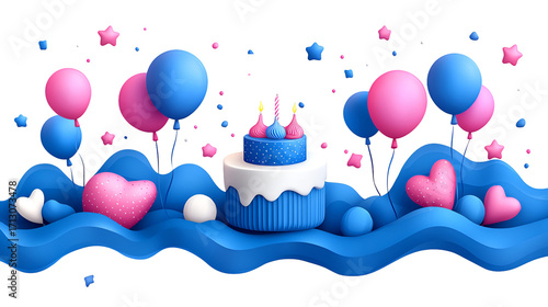 Celebration Cake with Balloons and Hearts, Perfect for Birthday Joy