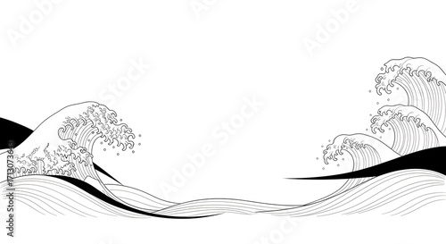 Dynamic Japanese wave illustration with black and white flowing lines, perfect for design needs