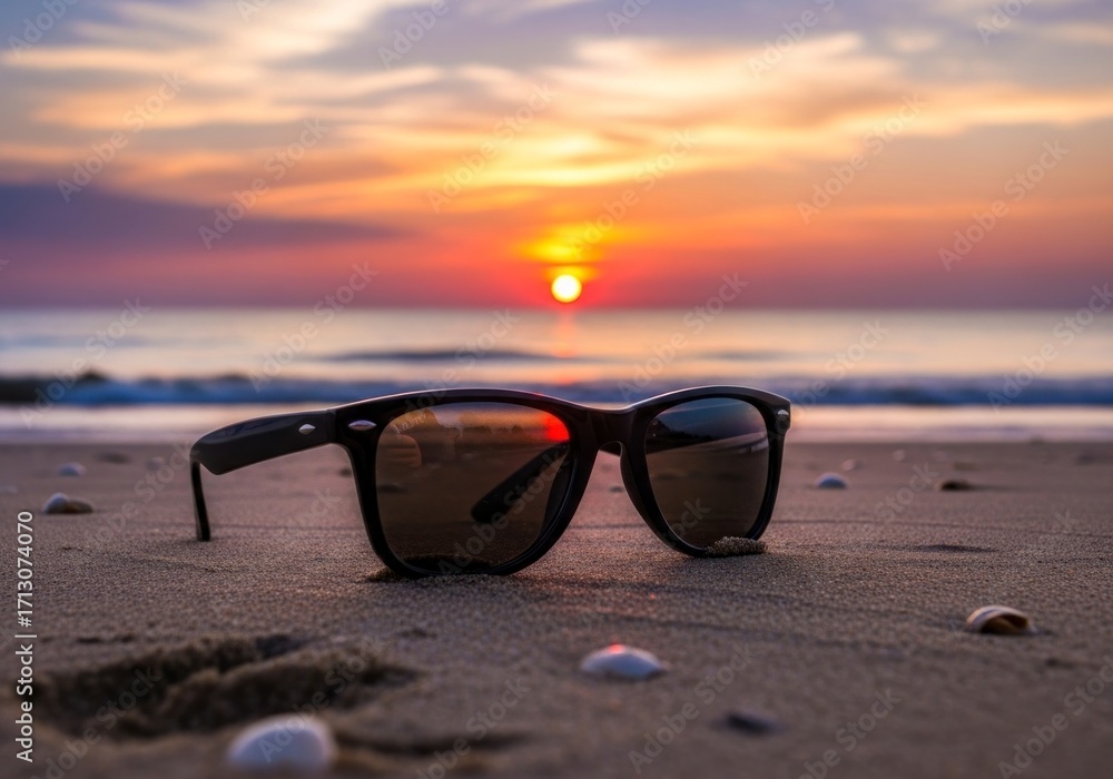 custom made wallpaper toronto digitalGolden Hour Farewell - Sunglasses Resting on Sand as Sun Sets Over Ocean.