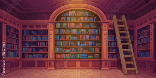 Antique Library Illustration with Bookshelves and Ladder offering a Sense of Knowledge and Exploration for Academic Pursuits