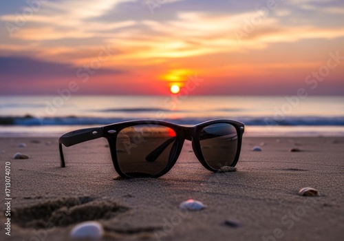 Wallpaper Mural Golden Hour Farewell - Sunglasses Resting on Sand as Sun Sets Over Ocean. Torontodigital.ca