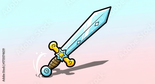 Vibrant Cartoon Sword of Legend with a Golden Star Hilt and Jeweled Blade.