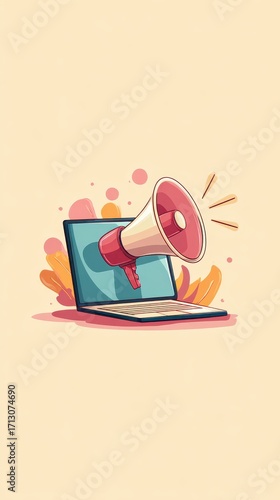 Stylized Megaphone Blasting from Laptop Screen - Digital Marketing Announcement.