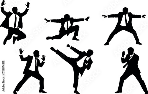 Businessman Martial Arts Silhouettes in Action Poses – Dynamic Corporate Fighter Vector Set for Power, Agility, Strength, and Defense Concepts