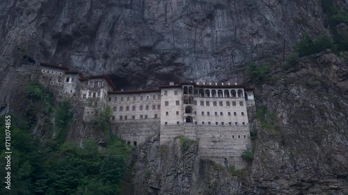 Aerial Drone View of Sumela Monastery in the Misty Mountains of Trabzon, Turkey