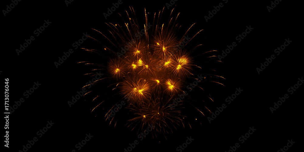 Fototapeta premium Capturing the thrill of golden fireworks illuminating the night sky during a festive celebration with a stark black