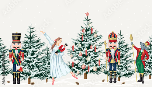 Nutcracker, ballerina, mouse king, Christmas tree, snow, cone seamless border. Merry Christmas, New Year ballet mural.