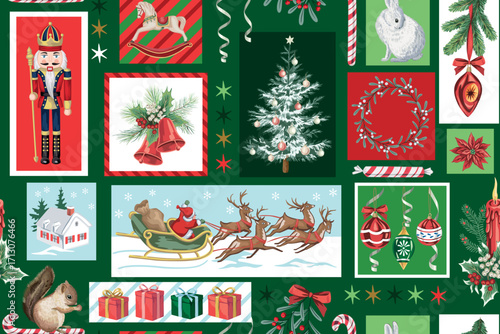 Santa Claus, winter house, snow, nutcracker, rocking horse, ball, Christmas tree, squirrel, mistletoe, red bell, wreath in frame print. Merry Christmas, New Year patchwork pattern.