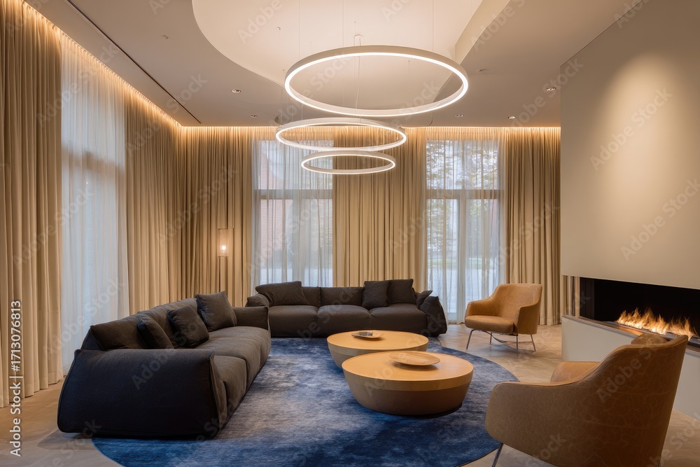 Fototapeta premium Modern, spacious lounge area with warm lighting and neutral tones