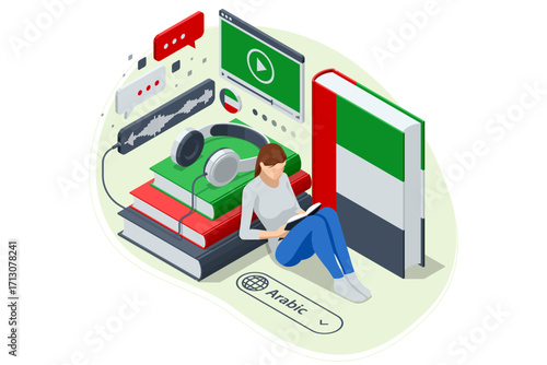 Arabic. Isometric person learning a foreign language with a virtual assistant on a tablet, showcasing modern digital education. Modern AI assistant for education, e-learning
