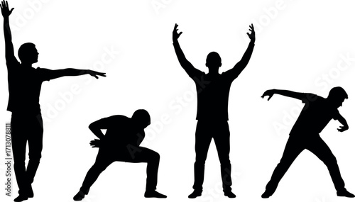 Dynamic human silhouette poses in motion, expressive body gestures, dance movements, physical activity, abstract figure art for creative use