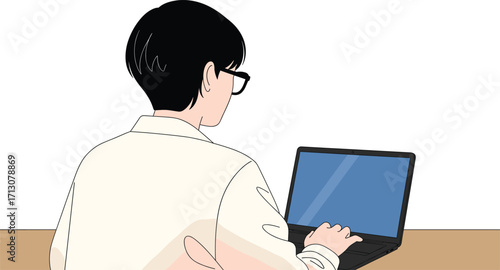 Focused Laptop User Illustration – Rear View of Person with Glasses Working at Desk for Remote Work, Study, and Digital Design Use