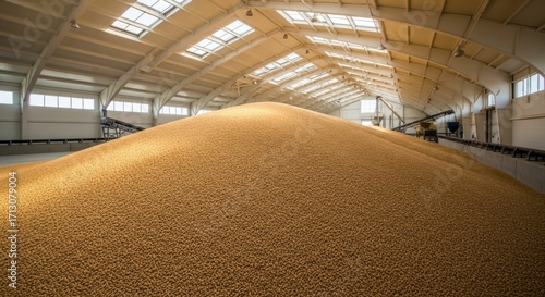 Sunlit Granary - A Golden Mountain of Wheat Grains in a Vast Storage Facility.