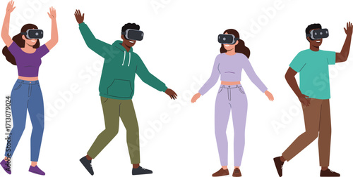 Group of People Using VR Headsets – Immersive Technology Experience, Virtual Interaction, Casual Clothing, Entertainment, Education, and Digital Lifestyle Concept