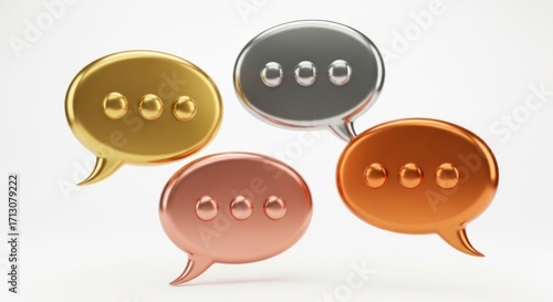 Gleaming 3D Metallic Speech Bubbles in Gold, Silver, Bronze, and Rose Gold for Communication.